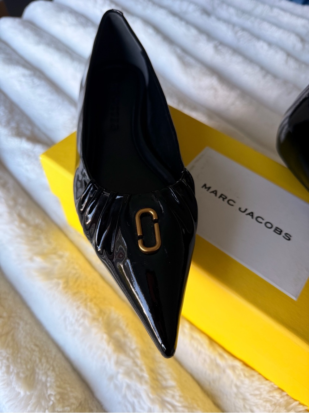 Marc Jacobs Black Patent Pointed Toe Flat with Gold Oval Hardware